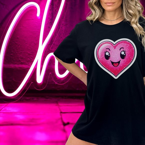 Hot Pink Heart Valentine Black T-Shirt For Wife, Girlfriend, Mom, Daughter - Picture 2 of 6